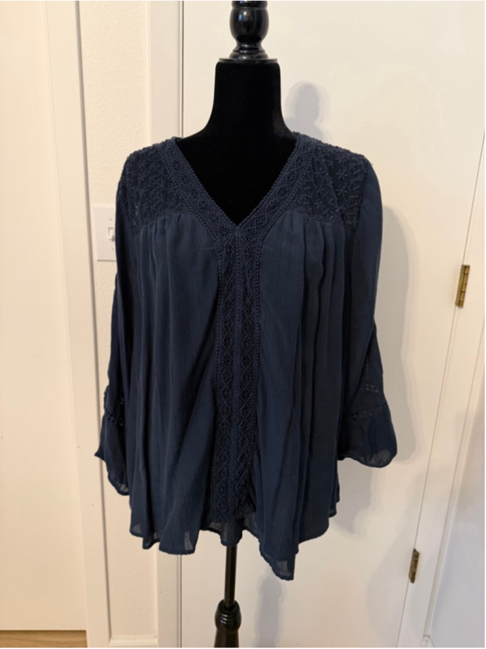 Style & Co XL Navy Blue Boho Tunic Blouse Embroidered Lace Sheer Sleeve Top